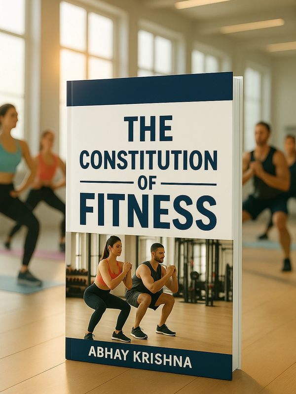 Book titled 'The Constitution of Fitness' by Abhay Krishna with fitness enthusiasts exercising on the cover.