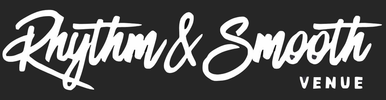 Logo with 'Rhythm &amp; Smooth Venue' in stylish white script on black background.