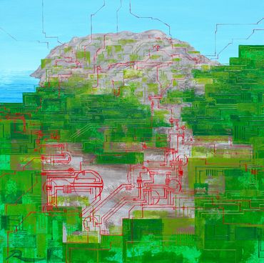 Birth of a Torii #30 (元乃隅稲成神社 Motonosumi), 61 cm x 61 cm x 4 cm, acrylic on canvas
"Paintings by Reb