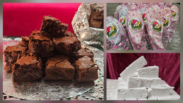 Examples of Merribles treats (brownies, cotton candy bags, marshmallows)