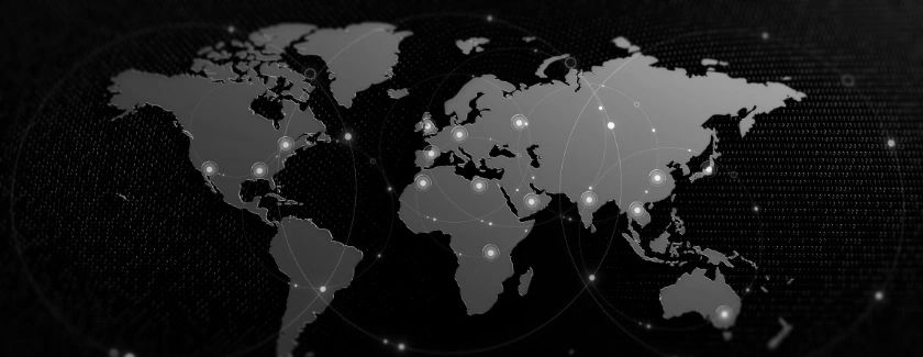 Digital world map with connection points and data streams.