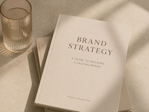 Book titled 'Brand Strategy' on a table with a glass of water.