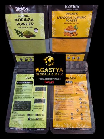 Packages of organic Moringa and Lakadong Turmeric powder from BlakBrik.