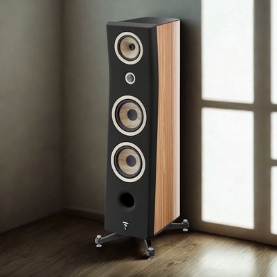 Tall, modern floor-standing speaker with wood and black finish.