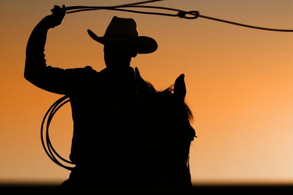 A cowboy on horseback twirling a lasso at sunset.