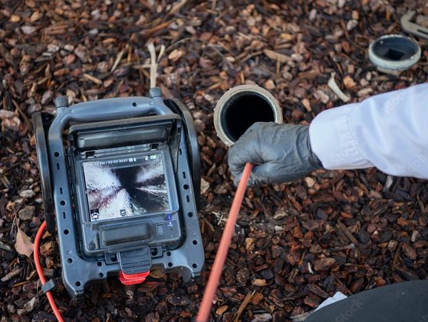 Professional inspecting a pipe using a sewer camera system outdoors.