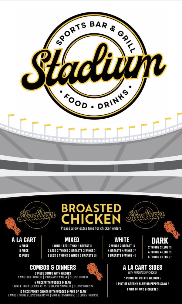 Menu for Stadium Sports Bar &amp; Grill broasted chicken options.