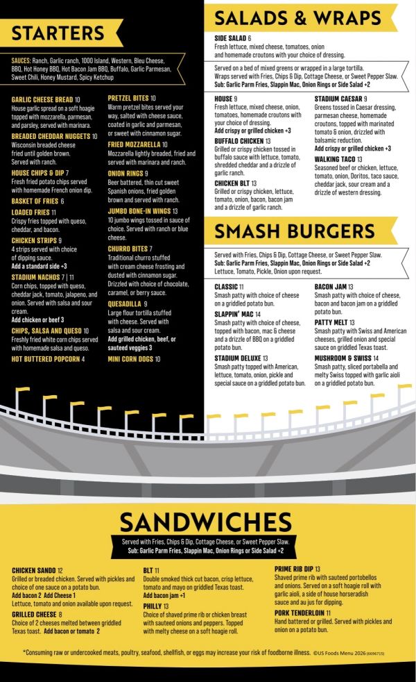 Menu showing starters, salads &amp; wraps, smash burgers, and sandwiches with various options and prices.