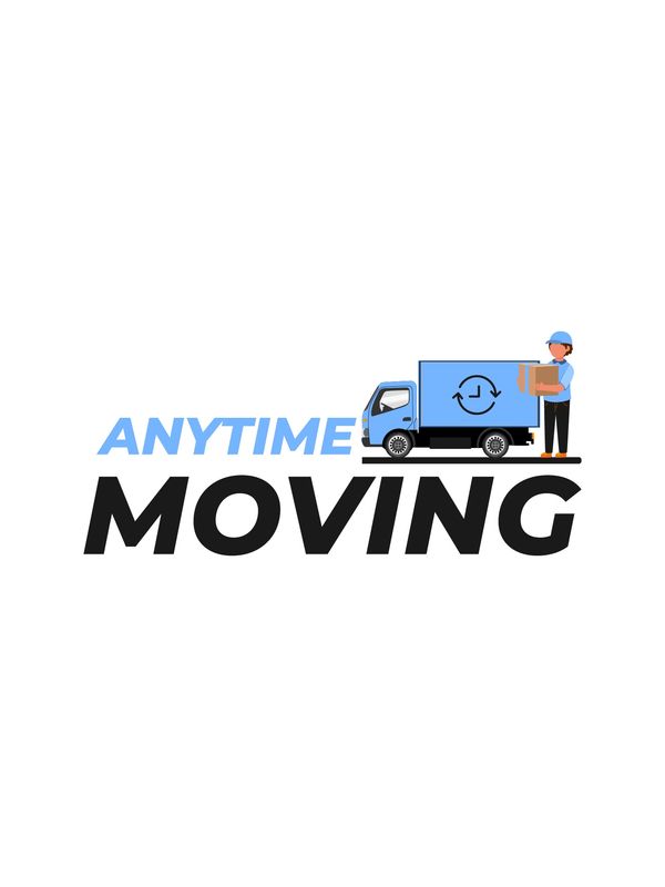 Logo for Anytime Moving with a delivery truck and worker holding a box.