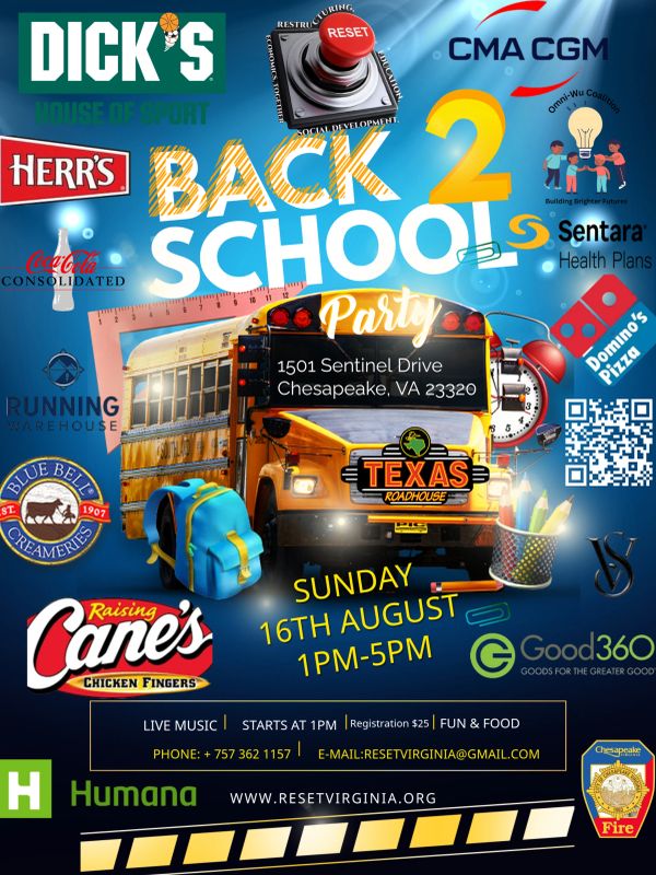 Back to School Party on August 16th from 1-5 PM in Chesapeake, VA.