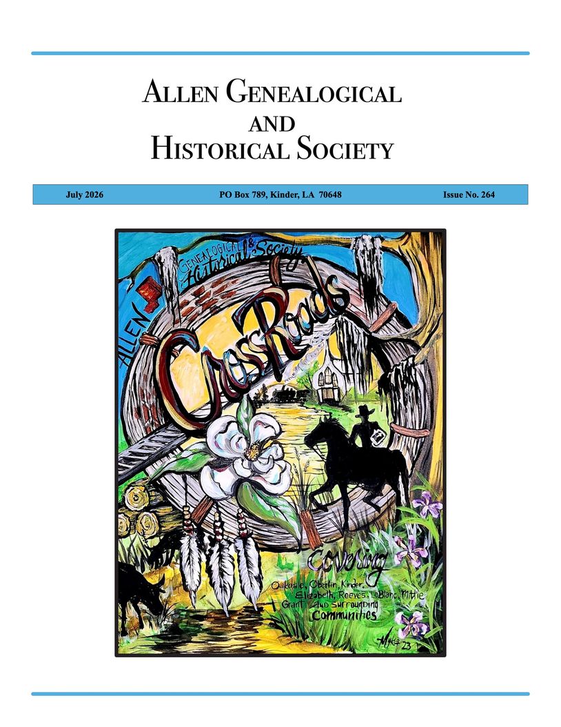 Cover of Allen Genealogical and Historical Society newsletter from July 2026.