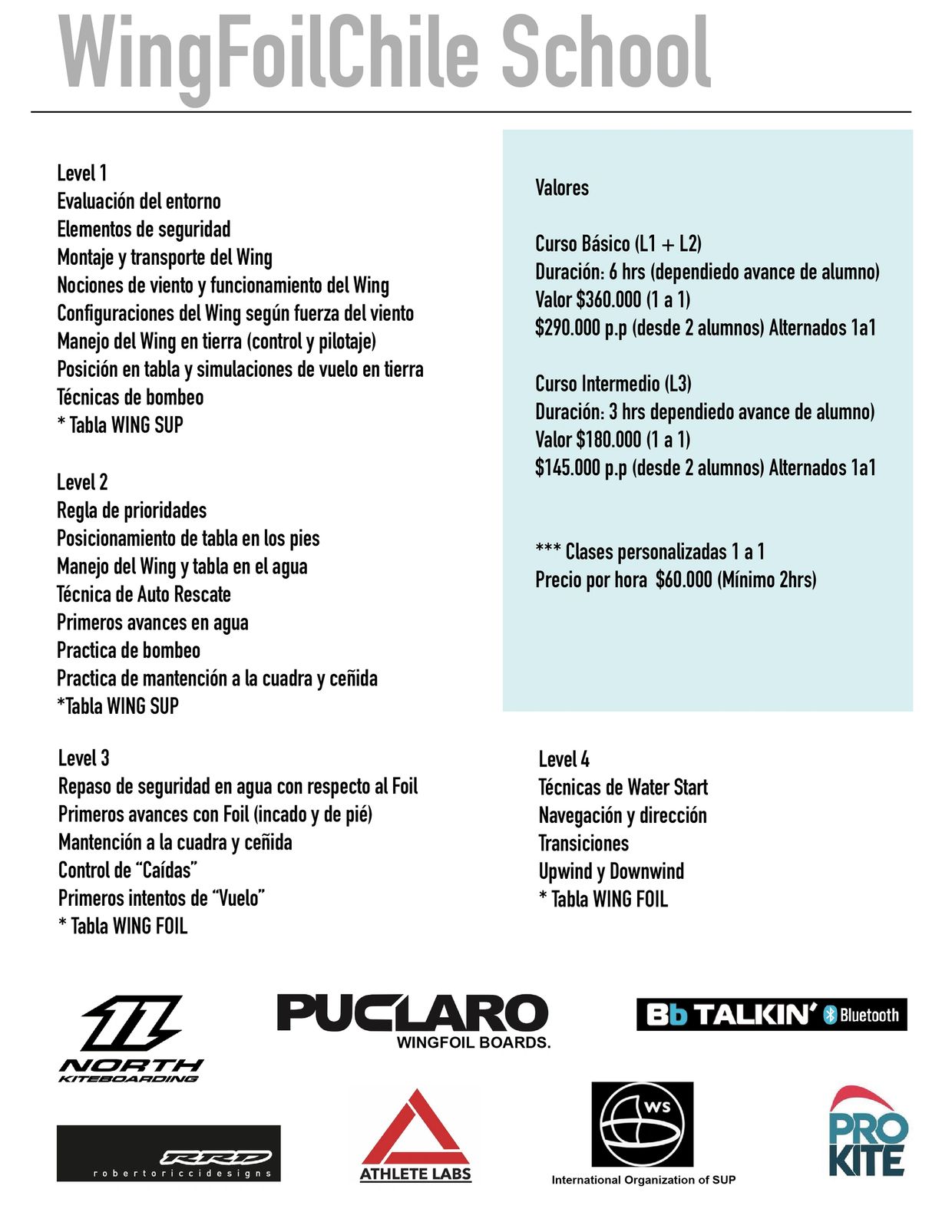 Program details and prices for WingFoilChile School courses from beginner to advanced levels.