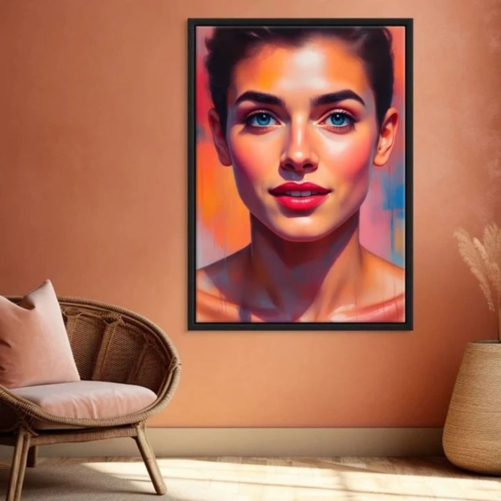 Vibrant portrait of a woman with blue eyes on a warm-toned wall.