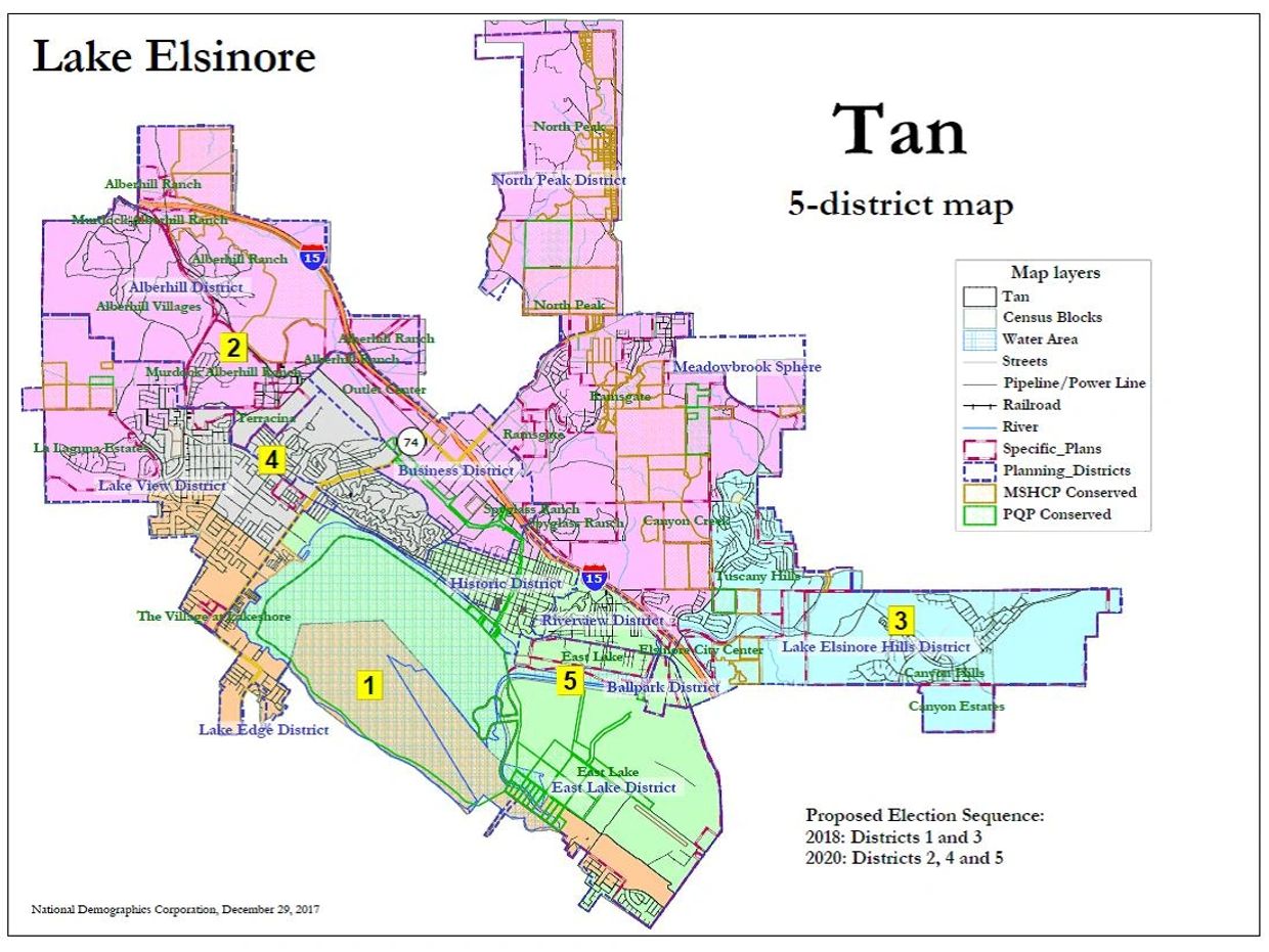 Map of Lake Elsinore's five districts with proposed election sequence.