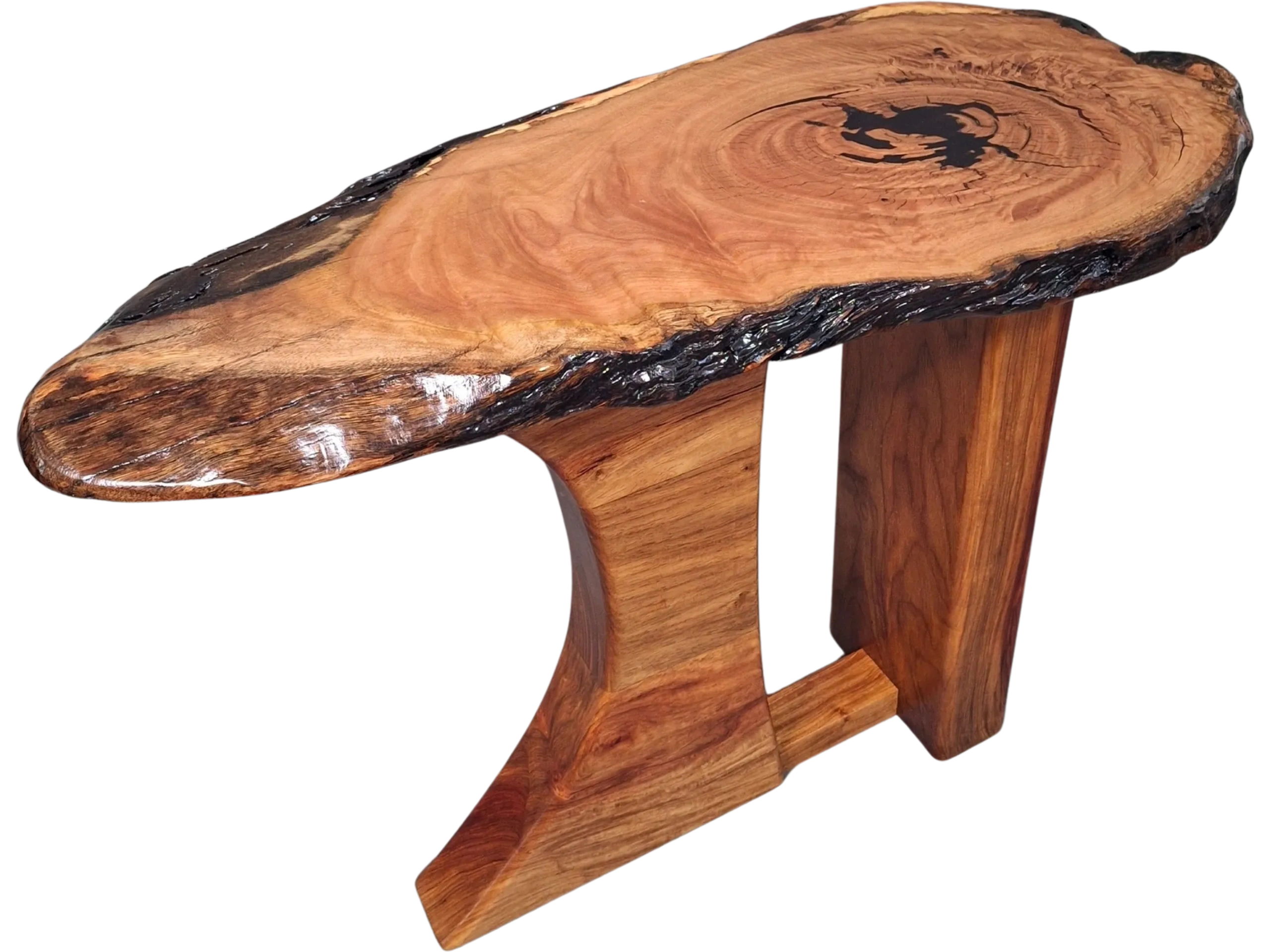 Spotted Gum unique top with deep red resin centre- Labelled "Red Heart."
Rosewood base with deep red