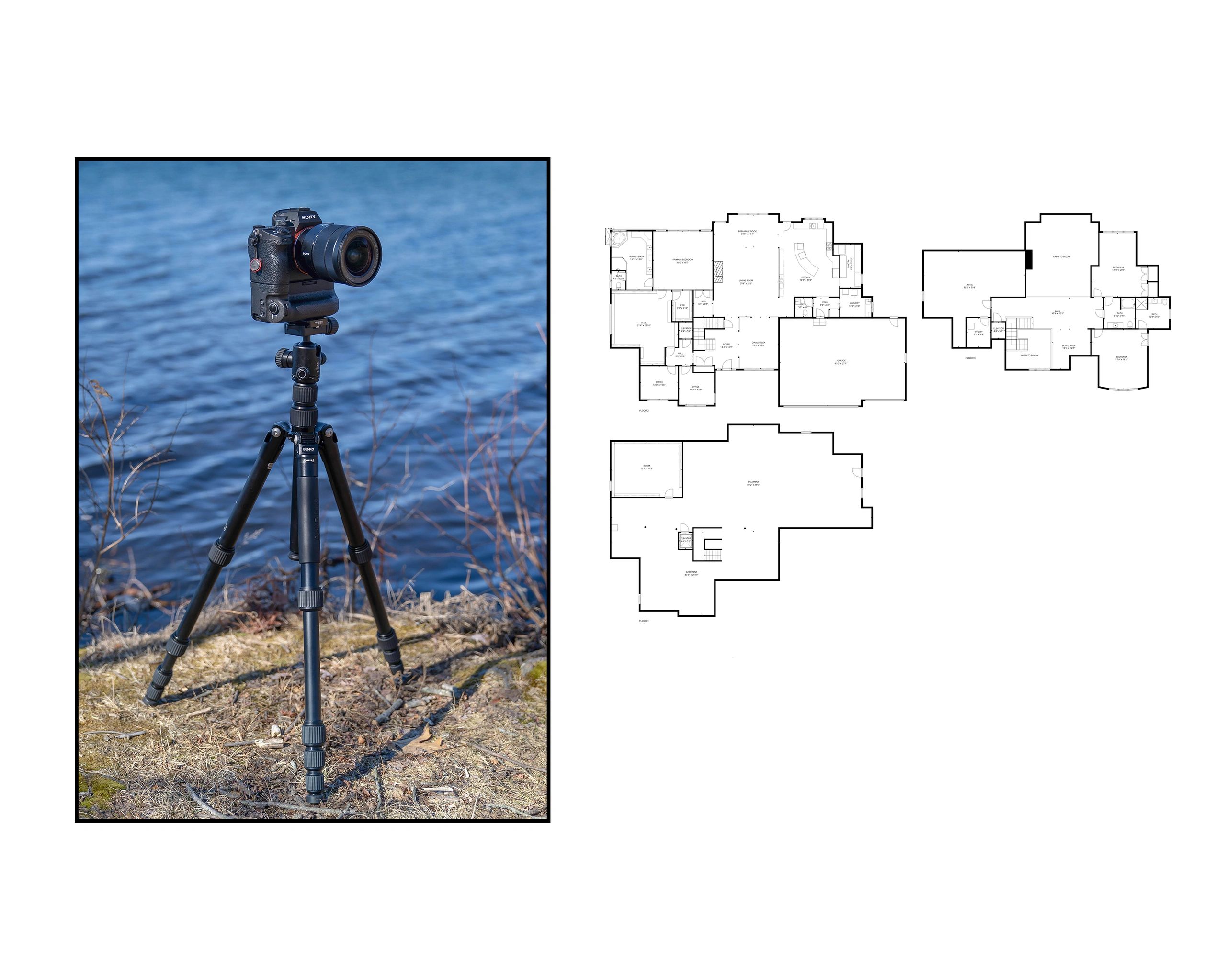 A camera on a tripod by the water next to architectural floor plans.
