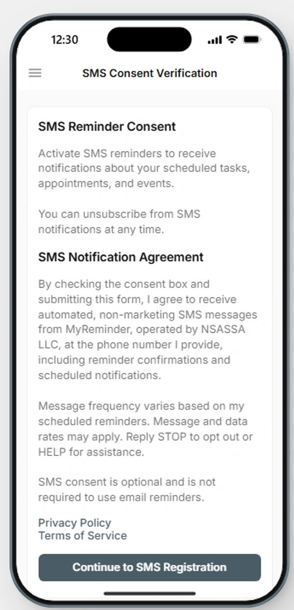 SMS Consent Verification screen for SMS reminders and notifications.