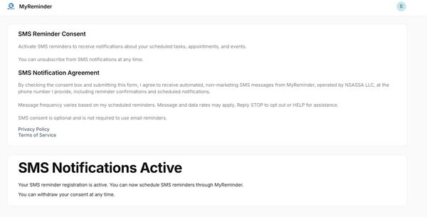 MyReminder SMS Notification Consent and Active Status screen.