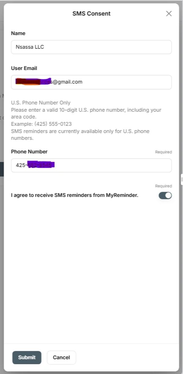 SMS consent form for Nsassa LLC with name, email, phone number, and agreement toggle.