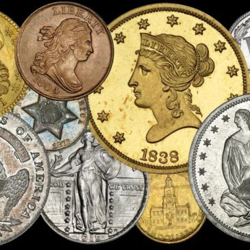 A collection of various historical American coins from different eras.