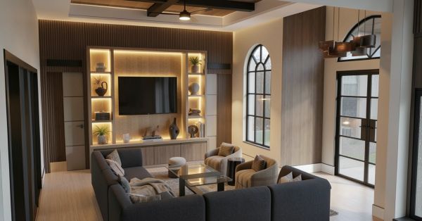 Modern living room with cozy seating and warm lighting.