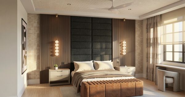 Modern bedroom with stylish lighting and a large window.