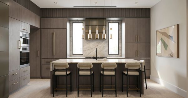 Modern kitchen with wooden cabinets and a marble island with four stools.