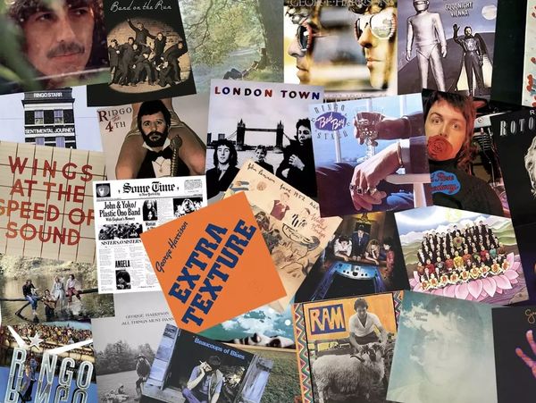 A collage of classic rock and pop album covers from various artists.