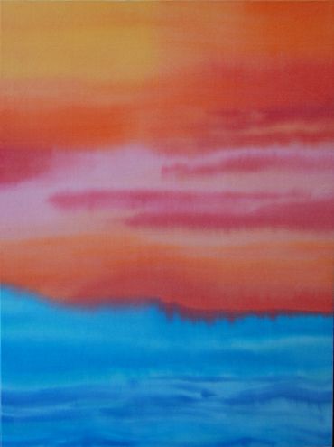 Abstract painting with vibrant orange and blue horizontal layers.
