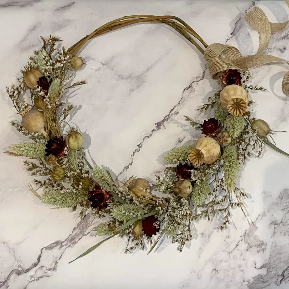 Handmade Willow Wreath With Wildflowers, Poppy, Statice & Strawflowers