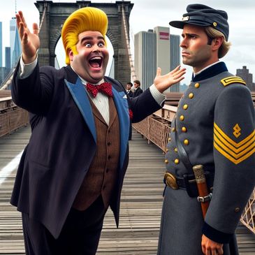 Trump selling the Brooklyn Bridge to a Confederate soldier 
