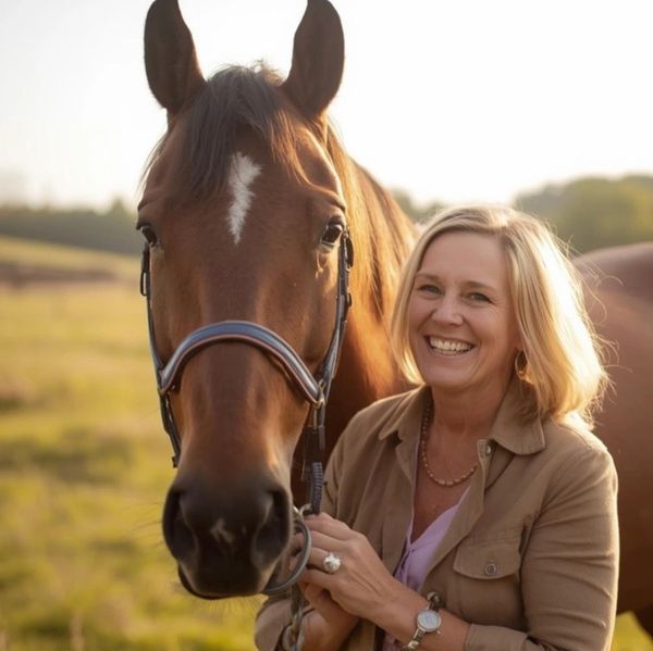 Smiling woman standing close to a brown horse in a sunny field. She has found her perfect match. 