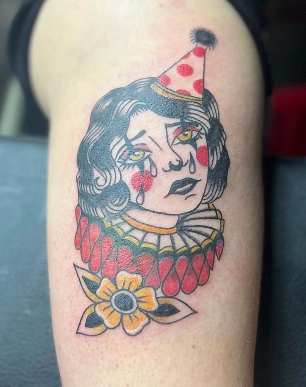 Full Color American Traditional Crying Clown Arm Tattoo