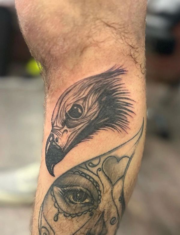 Detailed Black work Bird Head Leg Tattoo