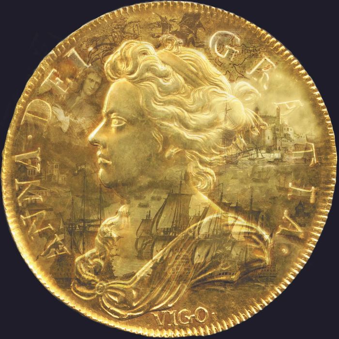 Vigo 5 Guineas 1703 Gold coin with painting of Battle of Vigo