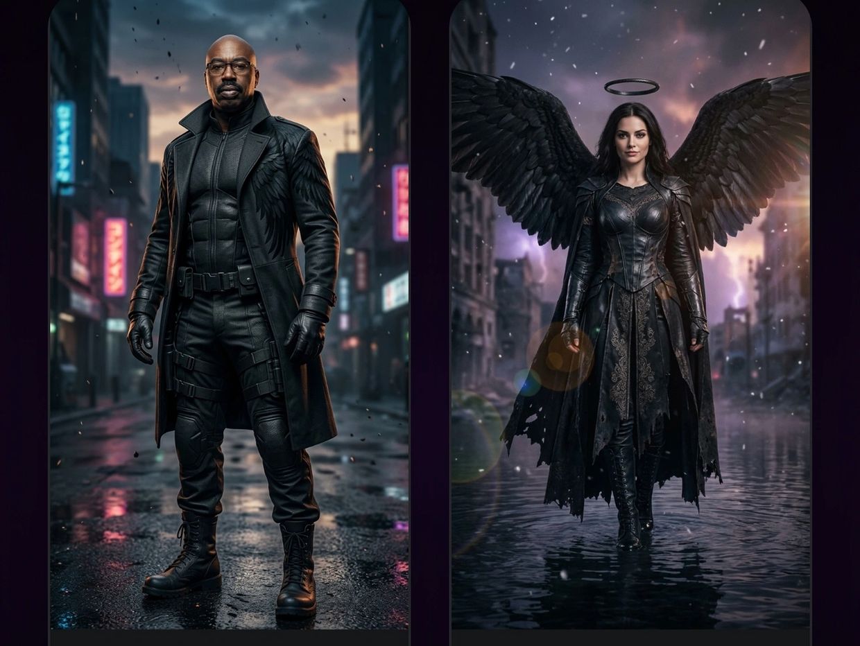 Two dark-themed characters in urban settings: Dark Nephili and Ambrosia.