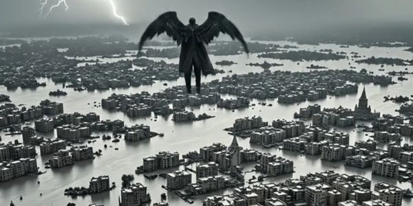A winged figure flying over a flooded city during a thunderstorm.