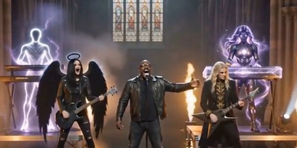 Rock band performing with supernatural light effects on stage.
