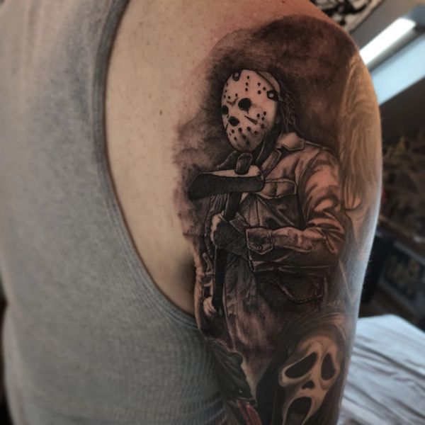 Jason Mask Halloween Tattoo On Shoulder 