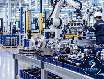 Fábrica de piezas mecánicas con robot y trabajador.