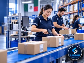 Empleados escaneando paquetes en línea de producción.