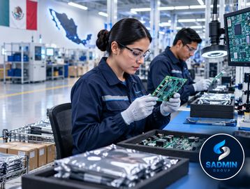 Trabajadores inspeccionando componentes electrónicos en una fábrica.