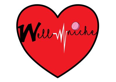 Wellniche logo in red, black, white.