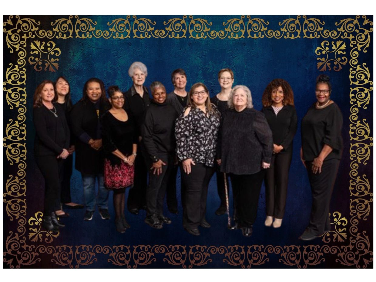 Group of twelve women posing against a blue background with ornate gold border.