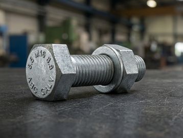 Ultra-realistic macro photograph of a premium hot-dip galvanized industrial hex bolt  50755