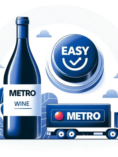 A picture with a wine bottle, an easy button and a wine and spirits delivery truck with Metro on it