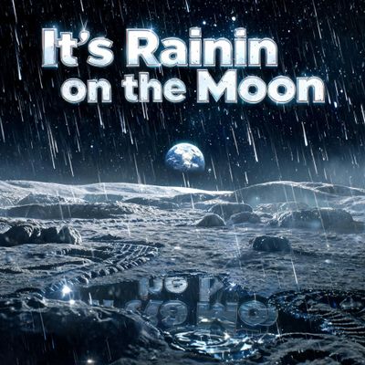 Rain falling on the moon's surface with Earth in the background.