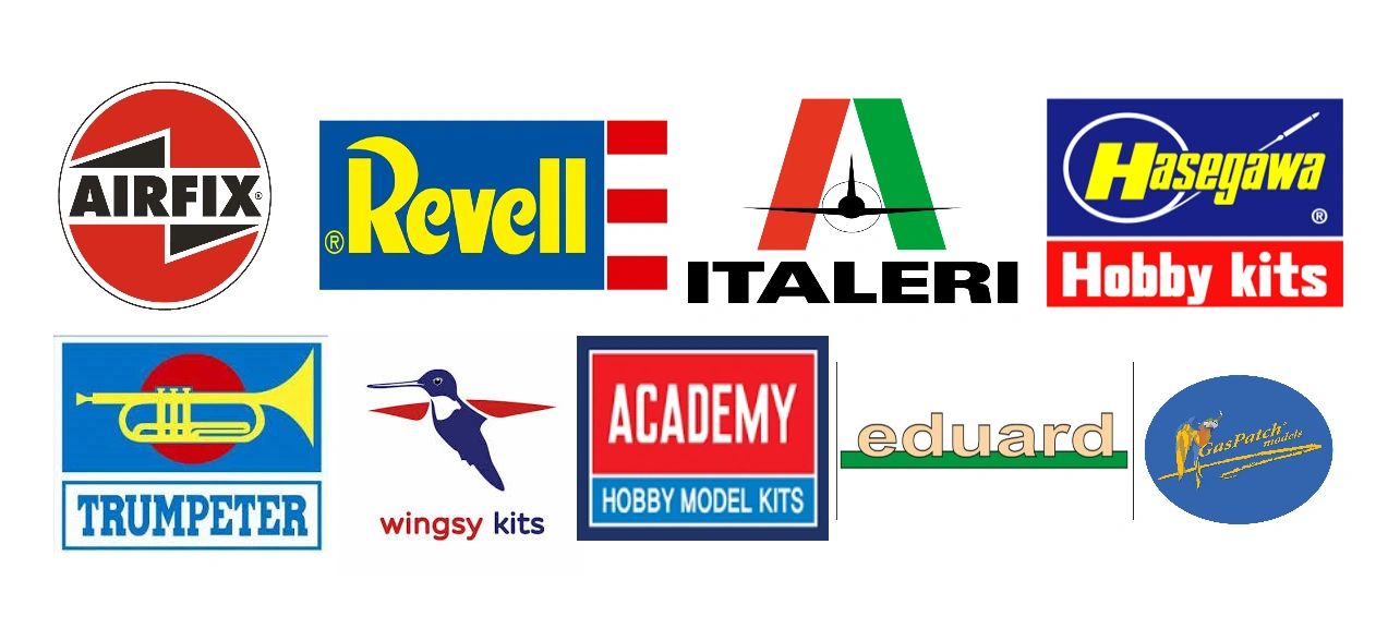 Logos of popular model kit brands like Airfix, Revell, Italeri, Hasegawa, Trumpeter, Wingsy, Academy, Eduard, and GasPatch.