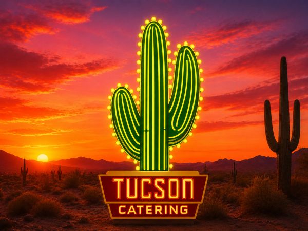 Neon cactus sign for Tucson Catering at sunset in the desert.