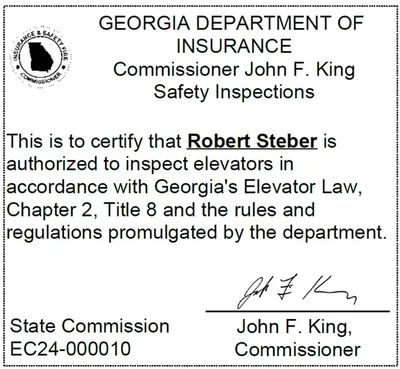 Certification for Robert Steber to inspect elevators in Georgia.